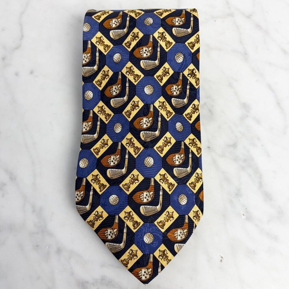 Robert Talbott Silk Tie Golf Trophy Clubs Balls Blue Gold Brown Made in USA